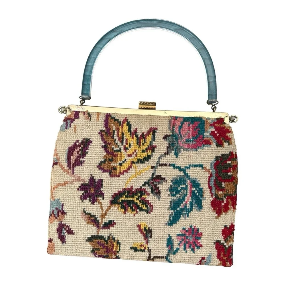 Ambassador Original Floral Needlepoint Lucite Handle Kiss Lock Handbag Purse Vtg